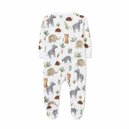 Back view of a White footy romper featuring a playful Zebra Party print with zebras, elephants, cheetahs, and tortoises from Baba Fishees
