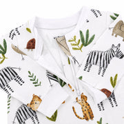 Closeup view of a White footy romper featuring a playful Zebra Party print with zebras, elephants, cheetahs, and tortoises from Baba Fishees