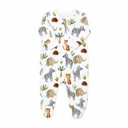 Front view of a White footy romper featuring a playful Zebra Party print with zebras, elephants, cheetahs, and tortoises from Baba Fishees