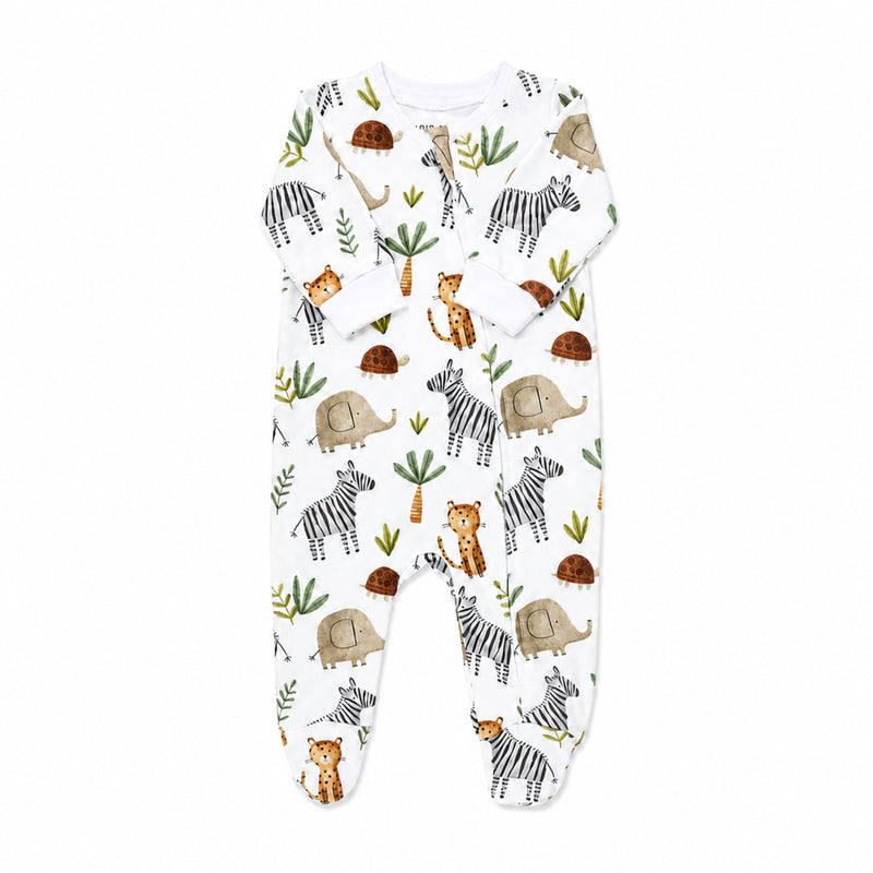 Front view of a White footy romper featuring a playful Zebra Party print with zebras, elephants, cheetahs, and tortoises from Baba Fishees