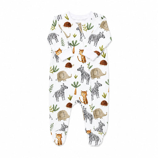 Front view of a White footy romper featuring a playful Zebra Party print with zebras, elephants, cheetahs, and tortoises from Baba Fishees