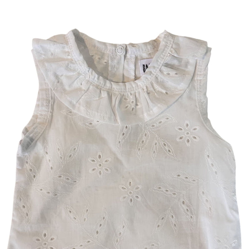 Close-up of the Frilly Neck Romper’s gathered white neckline, highlighting the delicate broderie anglaise embroidery and neat edge finishing.