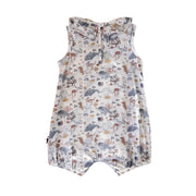 A sleeveless baby romper with a ruffled collar featuring an all-over dolphins and sea life print on a white background.