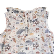 Back neckline close-up of the Fin and Friends Frilly Neck Romper showing the single press-stud fastening and bound edges