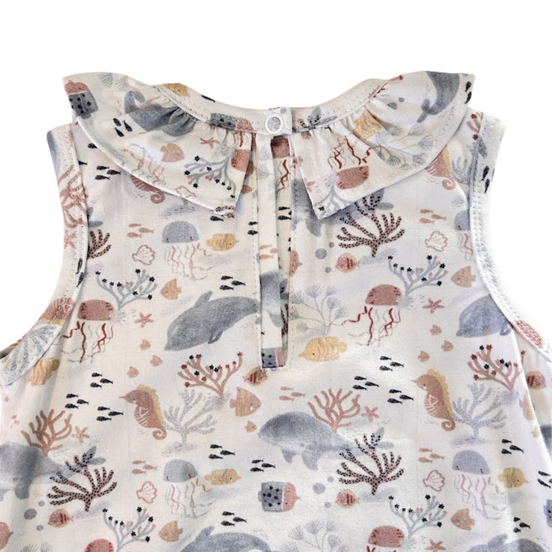 Back neckline close-up of the Fin and Friends Frilly Neck Romper showing the single press-stud fastening and bound edges