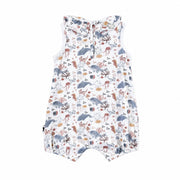 A sleeveless baby romper with a ruffled collar featuring an all-over dolphins and sea life print on a white background.