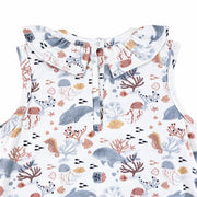 Back neckline close-up of the Fin and Friends Frilly Neck Romper showing the single press-stud fastening and bound edges
