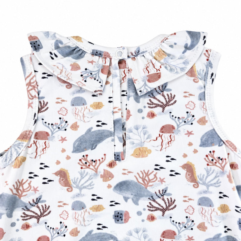 Back neckline close-up of the Fin and Friends Frilly Neck Romper showing the single press-stud fastening and bound edges