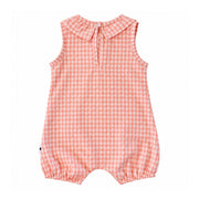 Back of the peach gingham Frilly Neck Romper, showing the frilled collar, neckline press stud, keyhole opening and elasticated leg hems.
