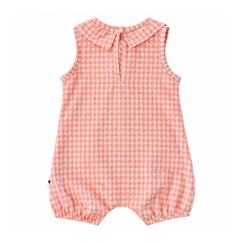 Back of the peach gingham Frilly Neck Romper, showing the frilled collar, neckline press stud, keyhole opening and elasticated leg hems.