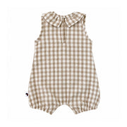 Back view of the Frilly Neck Romper Gingham - Stone, showing the frilled collar, white neckline press stud, keyhole opening and elasticated leg hems.