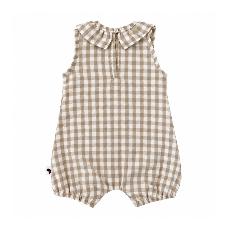 Back view of the Frilly Neck Romper Gingham - Stone, showing the frilled collar, white neckline press stud, keyhole opening and elasticated leg hems.