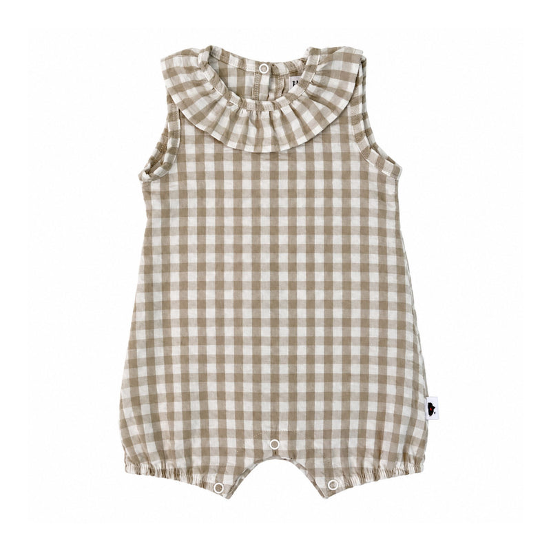 Frilly Neck Romper Gingham - Stone, showing stone and white checks, a ruffled neckline, sleeveless armholes, elasticated leg openings and three crotch press studs.