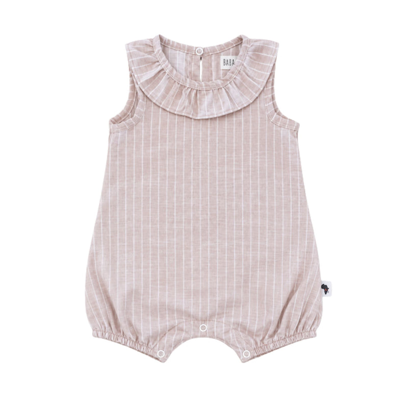 Front view of  pink and white striped Frilly Neck Romper - Pink Stripe with a gathered frill collar, sleeveless shape, elasticated legs and three crotch press studs