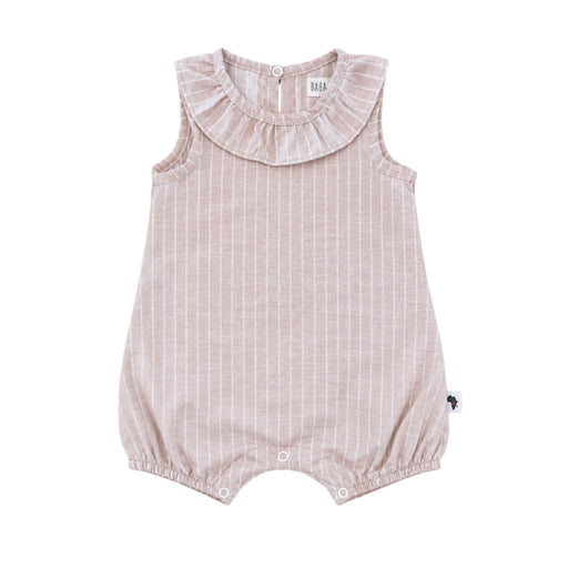Front view of  pink and white striped Frilly Neck Romper - Pink Stripe with a gathered frill collar, sleeveless shape, elasticated legs and three crotch press studs
