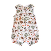 Back view of Frilly Neck Romper in the Two By Two print, showing the sleeveless shape, back neck opening and safari animals