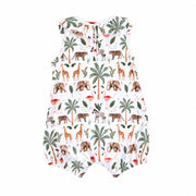 Back view of Frilly Neck Romper in the Two By Two print, showing the sleeveless shape, back neck opening and safari animals