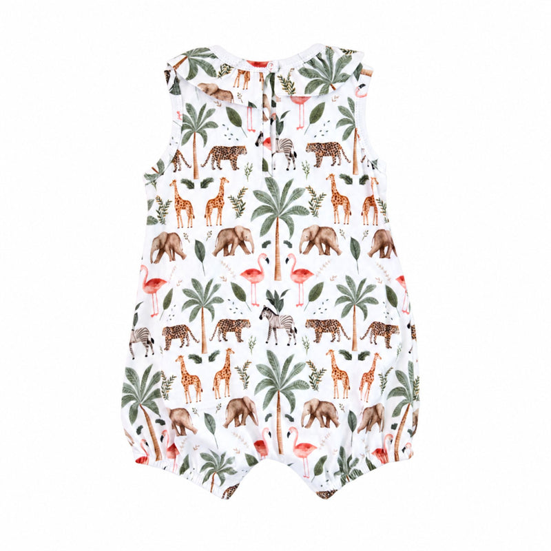 Back view of Frilly Neck Romper in the Two By Two print, showing the sleeveless shape, back neck opening and safari animals