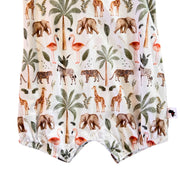 Close-up of the Two By Two Frilly Neck Romper showing the crotch press studs, elasticated leg openings and Baba Fishees side label