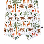 Close-up of the Two By Two Frilly Neck Romper showing the crotch press studs, elasticated leg openings and Baba Fishees side label