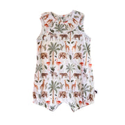 Front view of Frilly Neck Romper in the Two By Two print, featuring a frilled neckline with giraffes, elephants, flamingos, zebras and leopards