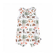 Front view of Frilly Neck Romper in the Two By Two print, featuring a frilled neckline with giraffes, elephants, flamingos, zebras and leopards