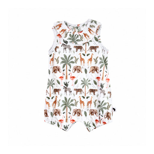 Front view of Frilly Neck Romper in the Two By Two print, featuring a frilled neckline with giraffes, elephants, flamingos, zebras and leopards