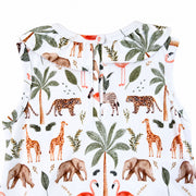 Back neckline close-up of the Two By Two Frilly Neck Romper showing the single press-stud fastening and bound edges