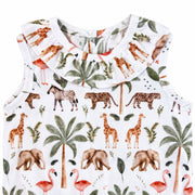 Front neckline close-up of the Two By Two Frilly Neck Romper showing the gathered frill collar and detailed African animal print