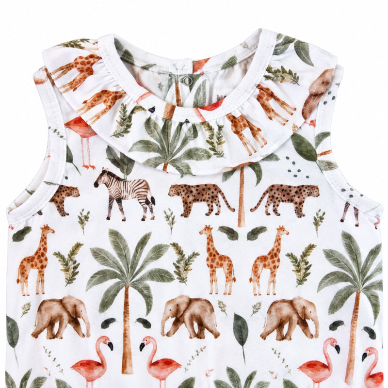 Front neckline close-up of the Two By Two Frilly Neck Romper showing the gathered frill collar and detailed African animal print