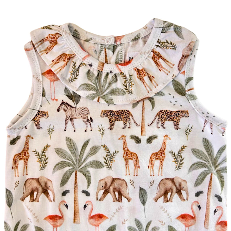 Front neckline close-up of the Two By Two Frilly Neck Romper showing the gathered frill collar and detailed African animal print