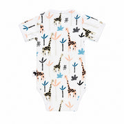 Back view of Giraffe print short sleeve wrap onesie made from soft cotton lycra