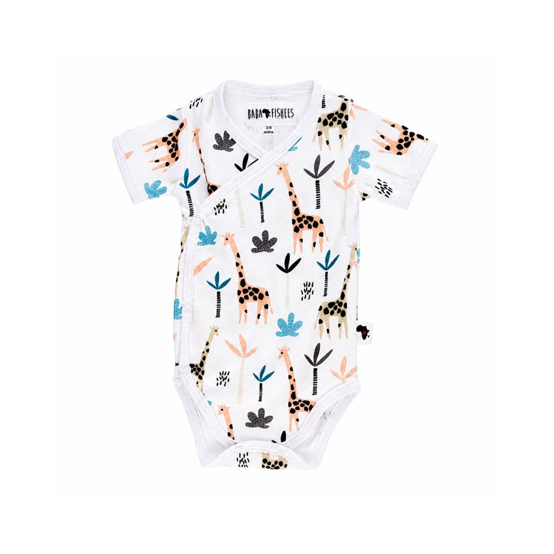 Giraffe print short sleeve wrap onesie made from soft cotton lycra