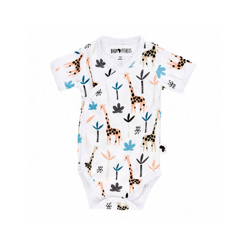 Giraffe print short sleeve wrap onesie made from soft cotton lycra