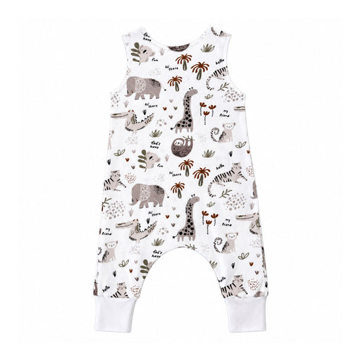 Harem Romper - Hi There White, back view showing a sleeveless cut, roomy legs and white cuffs with giraffe, elephant and tiger motifs.