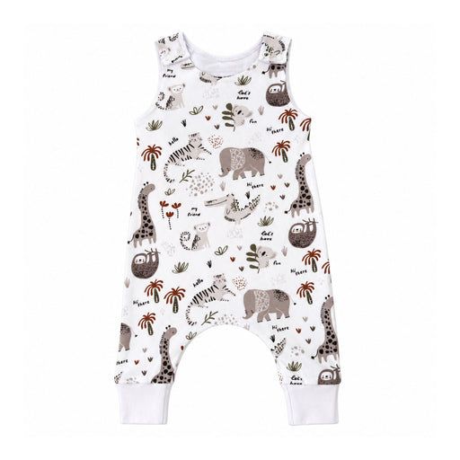 Harem Romper - Hi There White, front view with shoulder press studs, dropped crotch, white ankle cuffs and neutral animal print.