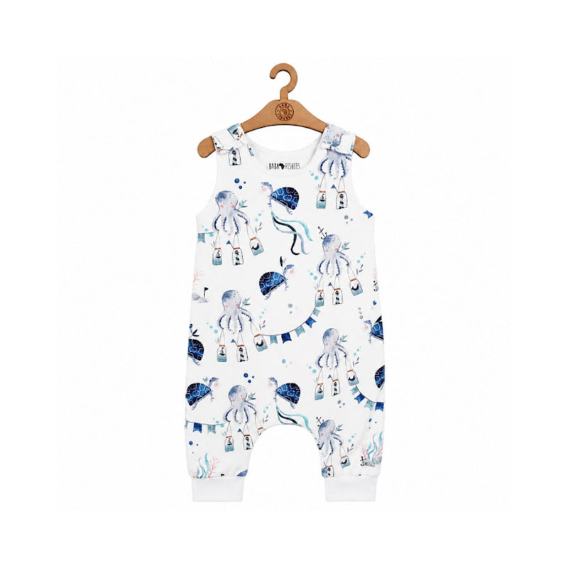 Harem Romper - Otto the Octopus in white with octopus, turtles, bunting and ocean-themed details
