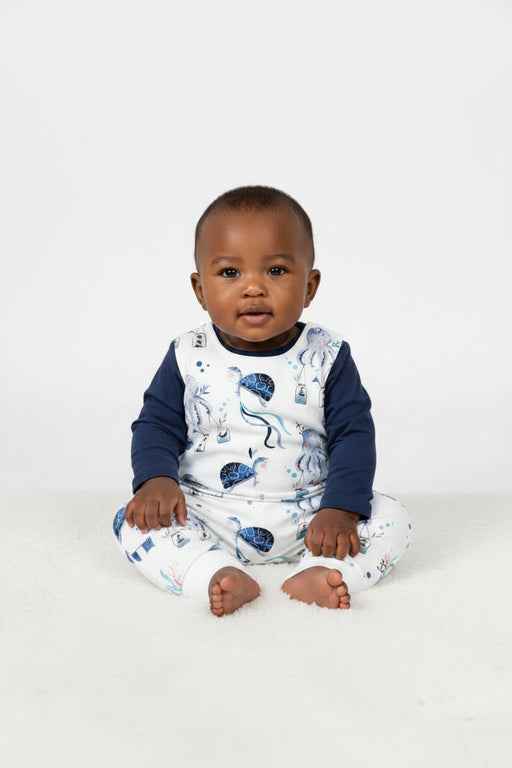 Harem Romper - Otto the Octopus in white with octopus, turtles, bunting and ocean-themed details