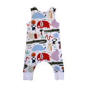 Back view of Harem Romper - Rust Ellie white cotton baby romper with colourful animal print