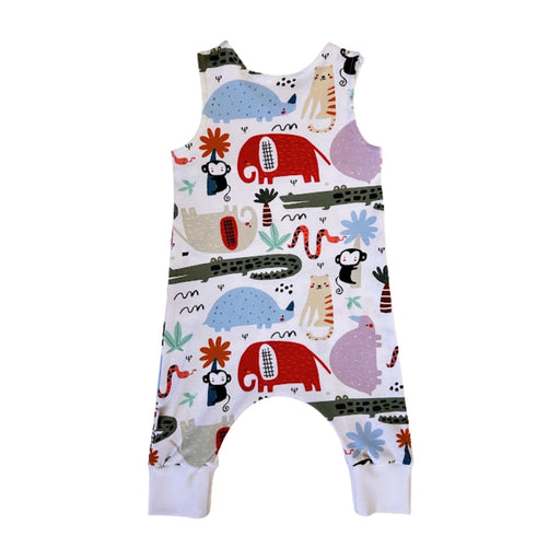 Back view of Harem Romper - Rust Ellie white cotton baby romper with colourful animal print