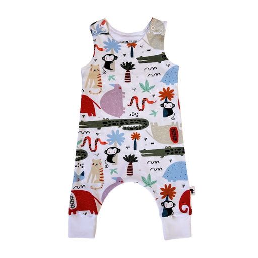 Harem Romper - Rust Ellie white cotton baby romper with colourful animal print and white ankle cuffs
