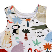 Harem Romper - Rust Ellie neckline closeup showing shoulder poppers and colourful animal print close-up