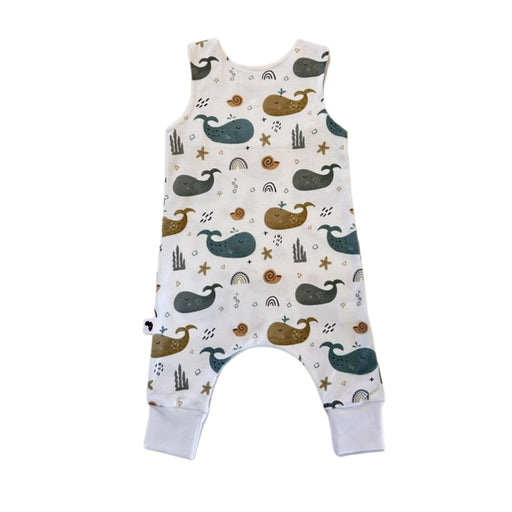 Back view of Harem Romper - Whales on White with adjustable shoulder press studs and whale print