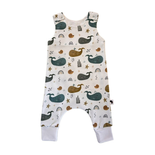 Harem Romper - Whales on White white cotton baby romper with blue, grey and mustard whale print