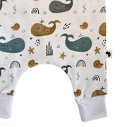 Harem Romper - Whales on White white ankle cuff and colourful whale print close-up