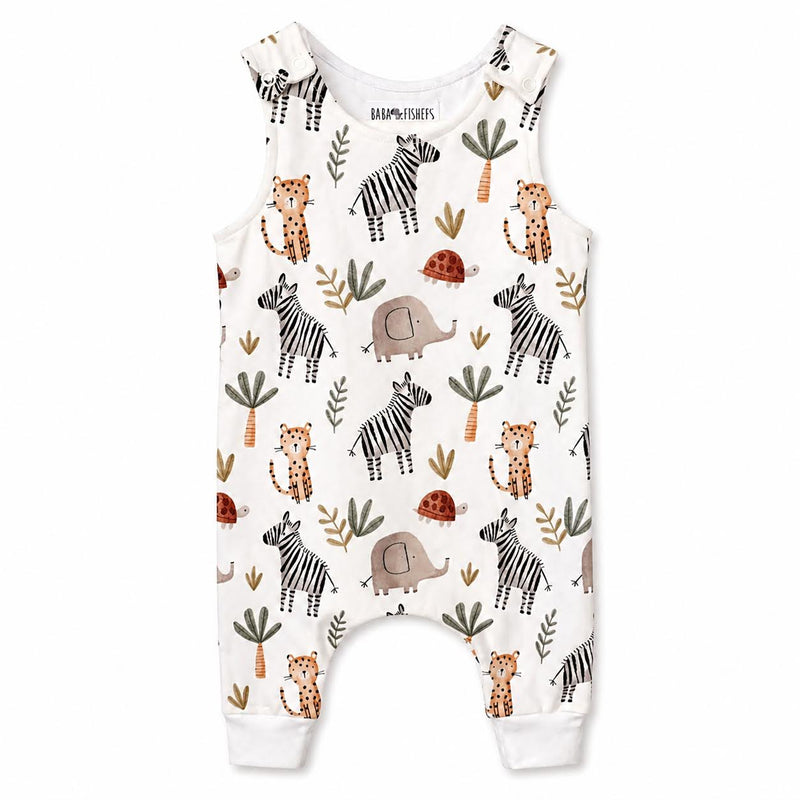 White baby harem romper with Zebra Party safari print featuring zebras, elephants, cheetahs, tortoises and leafy details
