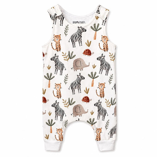 White baby harem romper with Zebra Party safari print featuring zebras, elephants, cheetahs, tortoises and leafy details