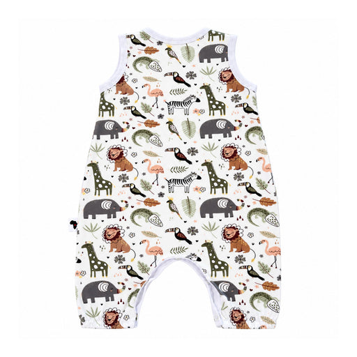Back view of Henley Romper - African Plains showing white neckline and armhole binding, with grey elephants, rust lions, green giraffes and peach flamingos.