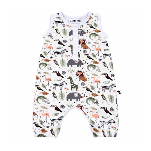 Front view of Henley Romper - African Plains with sleeveless arms, white press-stud placket, elasticated leg openings and colourful safari animals.