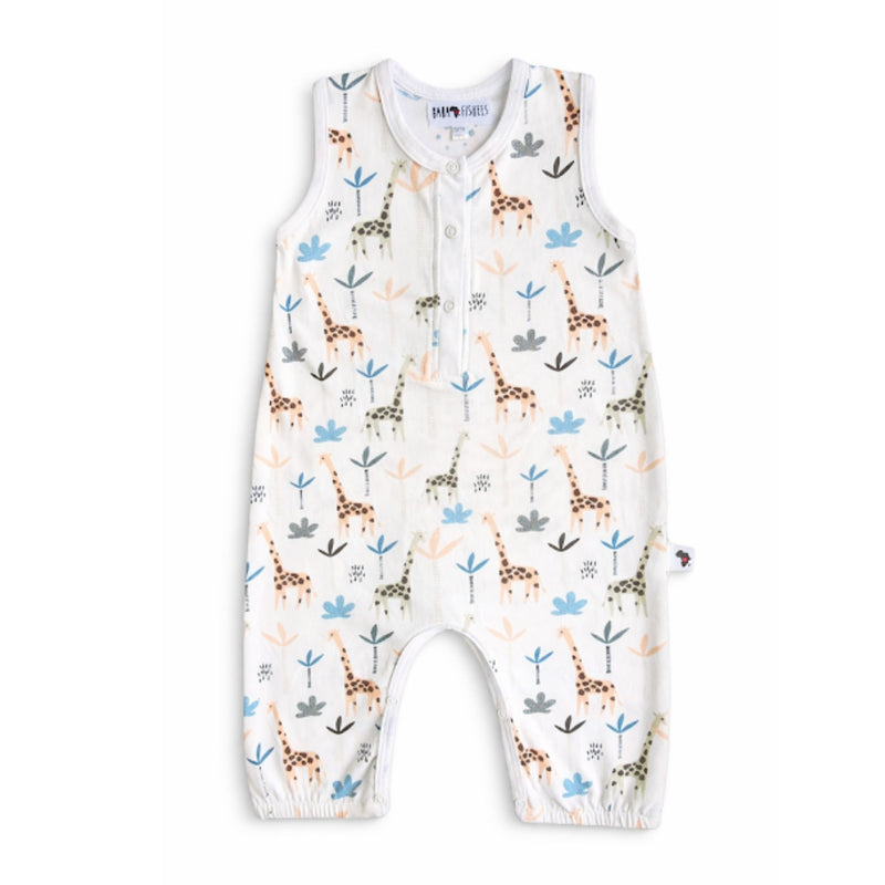 Henley Romper - Giraffe - a sleeveless romper Henley style in white with peach and beighe giraffes and palm trees